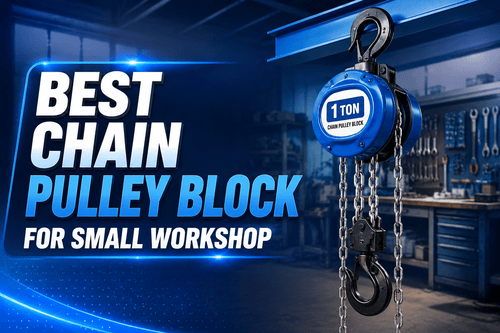 Chain pulley block mounted in a small workshop