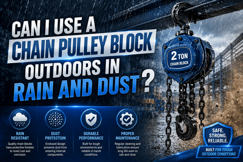 Chain pulley block being used outdoors on a construction site in rain and dust
